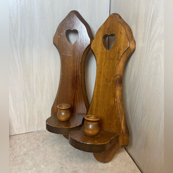 Vintage Homco Wood Taper Candle Wall Sconce Pair Solid Wood with Heart Cut Out - Picture 2 of 6